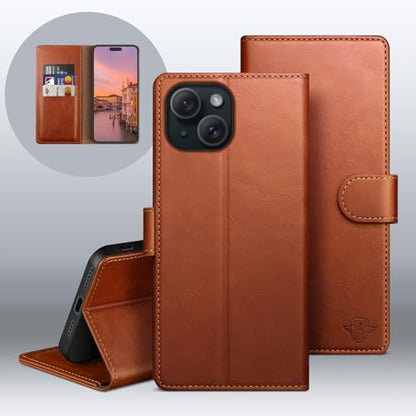 Wallet Case for iPhone 15 6.1", Light Brown | RFID-Blocking Card Holder, Kickstand, Magnetic Closure, PU Leather Folio Flip Cover, Protective Women Men Cases - color: Light Brown, size: iPhone 15