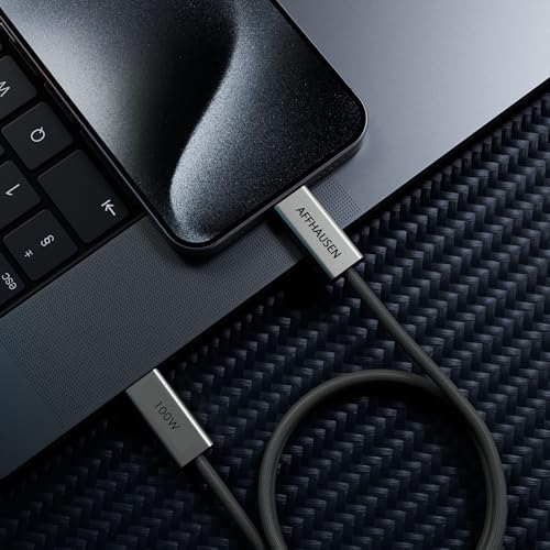 AFFHAUSEN USB-C to USB-C Cable 3ft (0.9m) 2-Pack, 100W, Braided White - size: 3FT