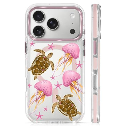 VisEnt Clear Case for iPhone 17 Pro, Magnetic Phone Case, Transparent Slim Cover, Military Grade Protection, Shockproof, Anti-Yellowing, Scratch Resistant, Pink Jellyfish Sea Turtle - color: Pink Jellyfish Sea Turtle, size: Iphone 17 Pro