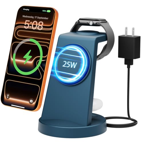 25W MagSafe Charging Station, 3-in-1 Magnetic Wireless Charger for Apple - color: Navy Blue