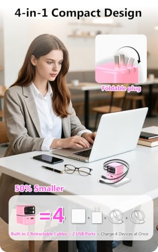 4-in-1 GaN 35W Retractable Wall Charger for iPhone, iPad, Samsung, Pink - color: Pink