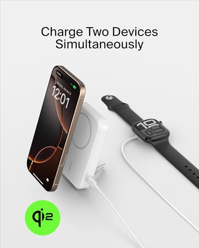 Belkin 8000mAh 15W Qi2 MagSafe Power Bank with Kickstand | Wireless Charging Battery Pack, iPhone 17, Air, Pro, Pro Max, AirPods, Apple Watch, Google Pixel 10, Built-in Stand, Magnetic - color: White, style: 8K mAh