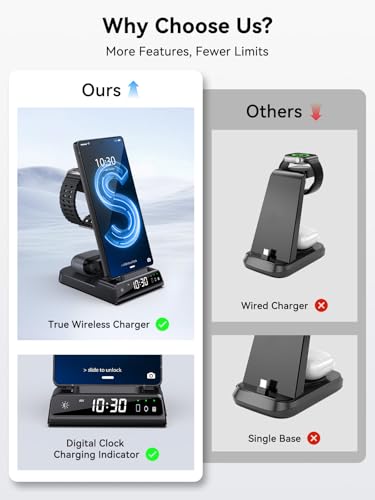 Wireless Charger for Samsung S25 with Clock 3 in 1 Android Charging Station - color: Black