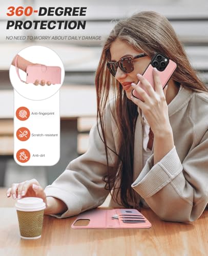 OCASE for iPhone 16 Pro Case Detachable Wallet Case with Card Holder, 2 in 1 Pu Leather Flip Folio with RFID Blocking Stand Wrist Strap Shockproof Phone Cover 6.3 Inch 2024, Light Pink | PU Leather, RFID Blocking, Wireless Charging, Card Holders, Kickstan