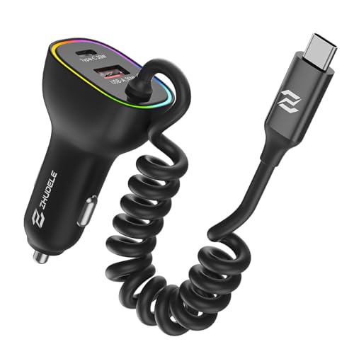 90W Car Charger, USB C Cigarette Lighter Adapter with 4FT Coiled Cable, PD 30W & QC3.0 Fast Charging, Compatible with iPhone 16/15 Series, Samsung Galaxy S24/S23/S22, iPad, Android Phones (Black)
