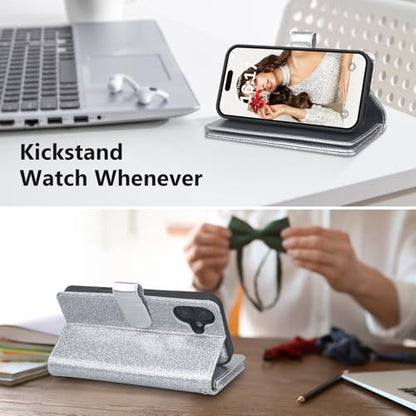 Varikke for iPhone 16 Glitter Case Wallet Magnetic Detachable, Silver - color: (Standard) Silver, size: iPhone 16 6.1"