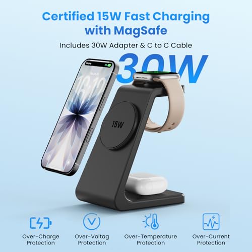 15W Charging Station for iPhone 17: JoyGeek 3-in-1 Fast Wireless & Magnetic Charger for Magsafe, iPhone 17-12, Apple Watch Ultra 2-11 & AirPods 2-4, Includes 30W PD Adapter - color: Matte Black