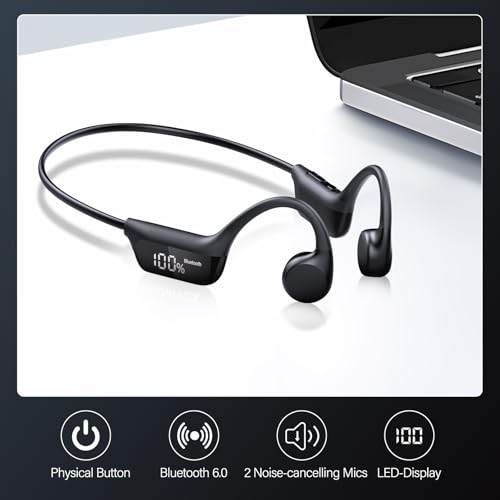 Bone Conduction Headphones Bluetooth 6.0 Earbuds, Open Ear Headphones with Dual Driver Sound, LED Display, IP67 for Sport / running, Dual Device Connection & Low-Latency Game Mode,12 Hours Playtime