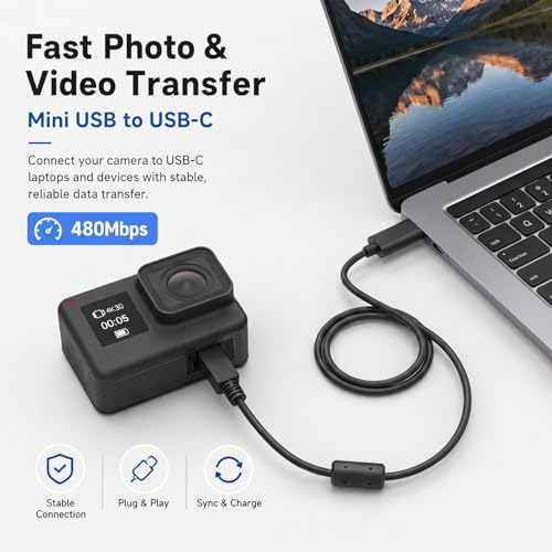 BERLAT Mini USB to USB C Cable 5FT 2-Pack Ferrite for Camera