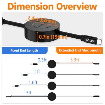 AGVEE 1.6ft Fixed / 3.3ft Extend Single-End Retractable USB C Cable - size: 1.6ft Fixed / 3.3ft Extend