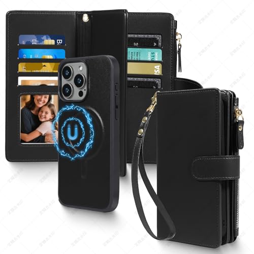 Magnetic Case for iPhone 16 Pro Wallet Compatible with Magsafe RFID Blocking Card Holder Detachable Phone Cover Kickstand Snap Strap Zipper Pocket PU Leather 6.3 inch 2024 (Black) - color: Black, size: iPhone 16 Pro