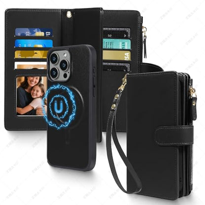 Magnetic Case for iPhone 16 Pro Wallet Compatible with Magsafe RFID Blocking Card Holder Detachable Phone Cover Kickstand Snap Strap Zipper Pocket PU Leather 6.3 inch 2024 (Black) - color: Black, size: iPhone 16 Pro