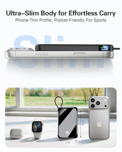 golioklsy Portable Charger Power Bank, 10000mAh Phone Charger with Built-in Cable, 20W PD Fast Charging, Slim Battery Pack with LED Display, Travel Essential for iPhone 17/16/15/14 All Series, Black - color: 01.Black