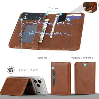 For MagSafe Wallet,Magnetic Card Holder RFID Blocking Wallet with 5 Card Slots & Cash Pocket For iPhone 17/16/ 15/14/ 13/12/ Pro/Max/Plus/Air Brown - color: Brown
