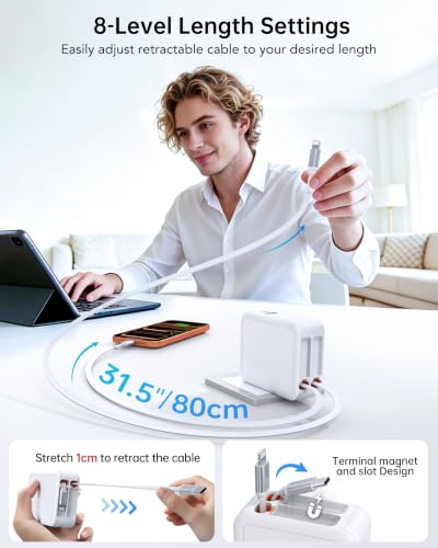 40W Retractable Wall Charger, 4-in-1Fast Phone Charger Wall Plug for Travel