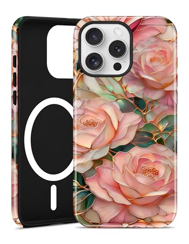 Jusy Magnetic Stained Glass Floral Case for iPhone 16e/17e, Pink Flower | Compatible with MagSafe, Cute Aesthetic Flower Design, TPU and PC Protective Phone Cover - color: Pink Flower