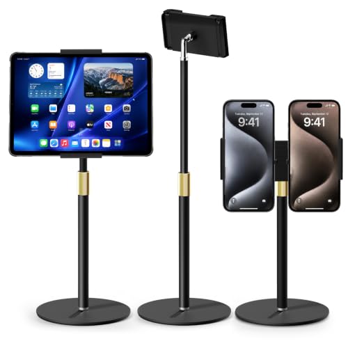 Tablet Stand for Desk, Height Adjustable 9.8-20" iPad Stand Holder with Dual Device Support, Heavy Duty Metal Base 360° Rotation Portable Monitor Stand for iPad Pro Samsung Tab Kindle Phone