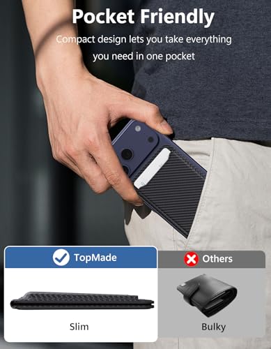 TopMade for MagSafe Wallet with Adjustable Stand, Magnetic Phone Card Holder for iPhone 17/16/15/14/13/12 Series, RFID Blocking Premium Leather, ID Window, Holds 5 Cards, Black Carbon Fiber - color: Black Carbon Fiber