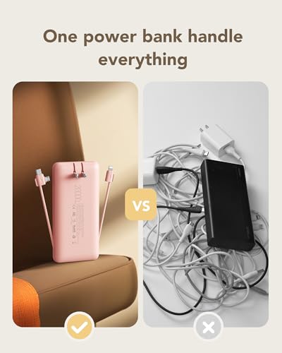 charmast 20000mAh Portable Charger with Built-in Cables and AC Wall Plug - color: dustpink