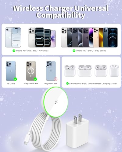 Magnetic Wireless iPhone Charger,[Apple MFi Certified]2Pack PD Fast Charging Block with 6Feet Fast Mag Safe Wireless Charging Pad Magnetic Charger for iPhone 17/17Air/17 Pro Max/16/15/14/13/12,AirPods