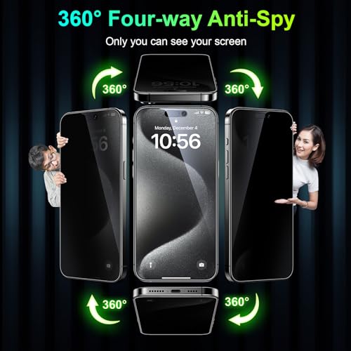 Esanik [2-Pack for iPhone 15 Pro Max 360° Privacy Screen Protector - 4-Way Anti-Spy Tempered Glass,Shatterproof, Anti-Peep, Scratch Resistant,Easy Installation Frame Included