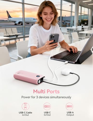 DIAMUAR Portable Charger 20000mAh 45W, Built in USB C Cable, 3W Flashlight - color: Pink