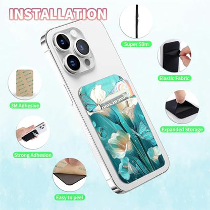 Phone Credit Card Holder Stick on, Cell Phone Pocket Self Adhesive Stretchy Stick on Wallet ID Credit Card Case Pouch Sleeve with Flap for All Smartphones, Blue Lily - color: Blue Lily