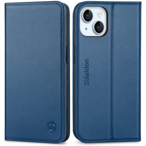 SHIELDON Genuine Leather Case Wallet for iPhone 15 6.1" 2023, Royal Blue | Folio Magnetic Closure, RFID Blocking, Credit Card Holder, Kickstand, Shock Absorbing Protective Cover - color: Royal Blue