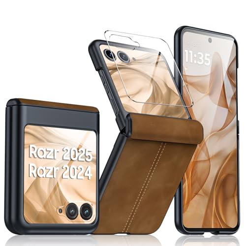 for Motorola Razr 2026 Case, Razr 2025/2024 Case, Built-in Screen Protector & Hinge Protection & Ultra Thin PU Leather Matte PC Shockproof Phone Case for Moto Razr 2026/2025/2024 (Brown) - color: Brown, size: Razr 2025/2024
