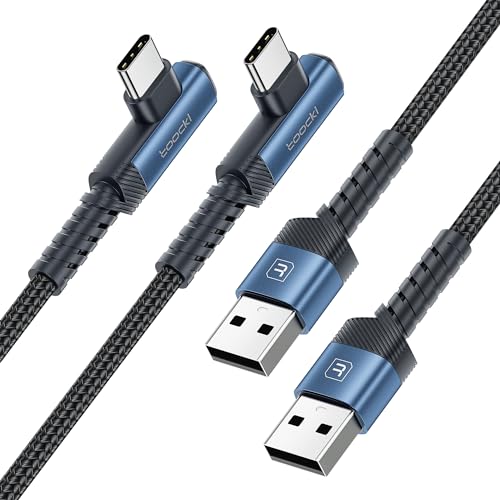 toocki USB C Cable Right Angle, 2-Pack 6.6ft USB A to USB C Charger Cable 90 Degree Braided Fast Charging Carpaly Cord for Samsung Galaxy S23/ S22+/S21+/Note 10, LG V30, Switch - color: Blue, size: 6.6FT+6.6FT