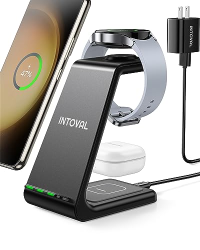 Intoval Wireless Charger,Wireless Charging Station for Samsung Galaxy Phone/Watch/Buds,fit for Galaxy S25/S24/S23/S22,Note20/10/Z Fold/FLI,Watch 8/7/6/5/4/Active 2/1, Buds3/2/Pro/Live(S3,Black)