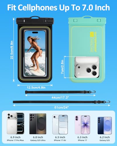 Floating Waterproof Phone Pouch 2 Pack，Up to 8.3" Dry Bag | IP68 Waterproof Phone Case for iPhone 17 Pro Max Samsung S26 Ultra, Kayak/Beach/Pool/Cruise Travel Essentials, Black+Green - color: Black+Green