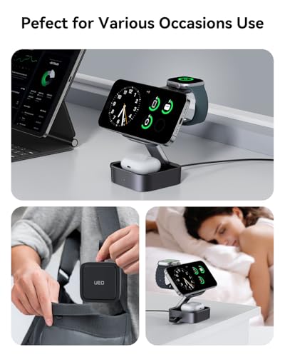 UEQ 3 in 1 Wireless Charging Station for Apple Devices,Compatible with MagSafe Charger Stand,Foldable Fast Travel Magnetic Wireless Charger for iPhone 17 Air 16 15 14 13 12,Apple Watch&AirPods Pro