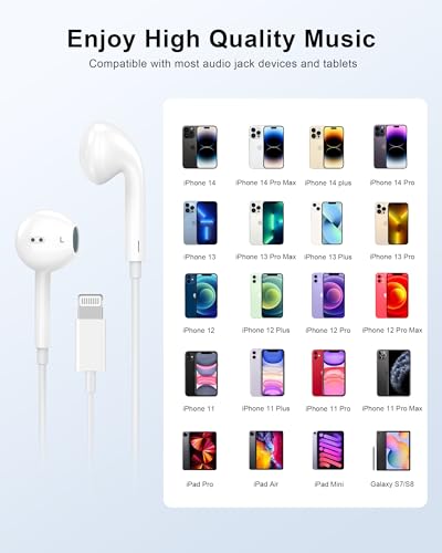 Wired Lightning Headphones for iPhone 14 13 12 Pro Max[Apple MFi Certified] - color: LWhite