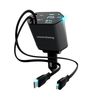 Retractable Fast Car Charger 100W for CarPlay, 4-in-1 Car Charger Adapter with 31.5" Built-in Cables & Dual USB Ports, Compatible with iPhone 11, 12,13,14,15,16,17 & Samsung Devices, Tablets and More