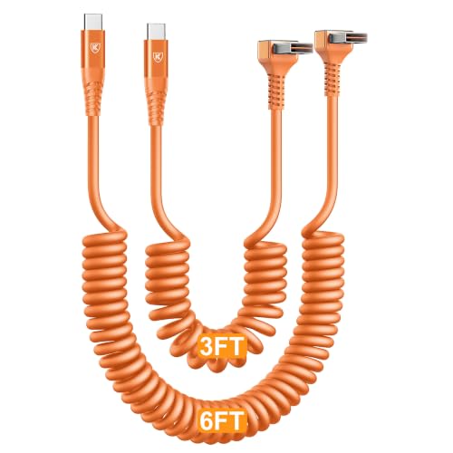 90 Degree Coiled USB A to USB C Cable, 3FT&6FT USB C Cable 3A Fast Charging - color: Orange, size: 3FT+6FT