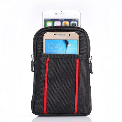 Cell Phone Belt Bag for Menand Women, Cell Phone Waist Bag Small, 6.9" Waterproof Vertical Cellphone Waist Belt Pouch Nylon Smartphone Belt Loop Holder with Zipper Case Fanny Pack with Carabiner - color: Black/Red