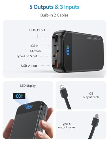 Phone Battery Bank 32000mAh 22.5W w/Built-in Cables & USB C Fast Charging - color: Black