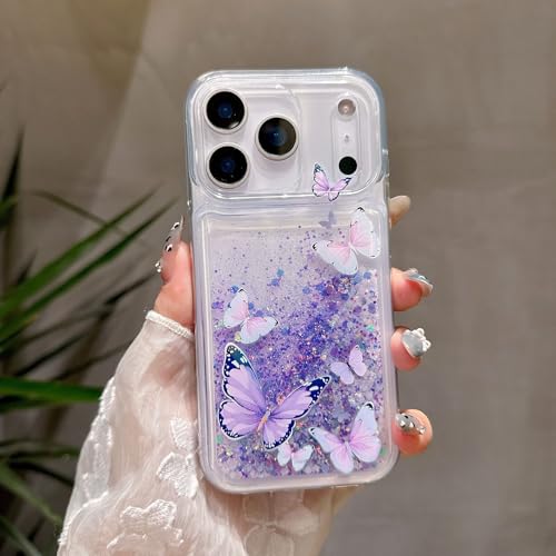 Compatible with iPhone 17 Pro Max Glitter Butterfly Case Glow in The Dark Women Girls Girly Bling Sparkle Flowing Quicksand Light up Soft TPU Bumper Luminous Clear Phone Cover Purple - color: Purple, size: iPhone 17 Pro Max