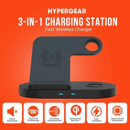 HyperGear 3-in-1 Wireless Charging Station - Phone Charger Stand for Multiple Devices with 10W Fast Charge, Phone & Watch Charger Station for iPhone, Android & AirPods