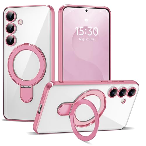 Compatible with Samsung Galaxy S25 Plus Case with Magnetic Ring Stand [Compatible with Mag-Safe] [Full Camera Lens Protector] Plating Clear Phone Case for S25 Plus 6.7", Pink - color: Pink, size: Samsung Galaxy S25 Plus