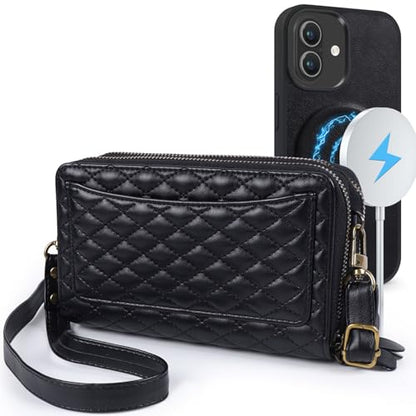 Harryshell Compatible with iPhone 17 Case Wallet Multi Zipper Detachable Removable Cover Purse with RFID Blocking Card Slots Holder Mirror Crossbody Strap (Compatible with Magsafe - Black) - color: Compatible with Magsafe - Black, size: iPhone 17