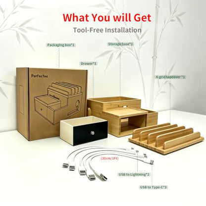 Bamboo Charging Station Organizer with Drawer and Pen Holder