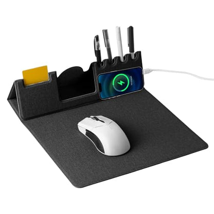 Mouse Pad with Phone Holder & Pen Holders, Wireless Charging Desk Mat, Mousepad Home Office Desk Pad with Ultra-Smooth Surface, Non-Slip Base, Waterproof Keyboard Pad, Classic Black Desk Mat - color: Black