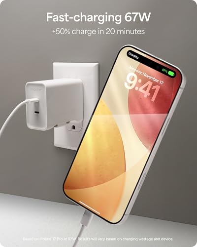 Mophie Speedport 67 GAN USB-C Charger Block - 67W Fast Wall Charger with 2 USB‑C PD Ports, Retractable Cable, Compact Foldable Prongs, Made with Recycled Materials, for Smartphones & Tablets - style: 67W