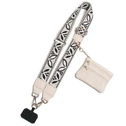 Phone Strap with Zippered Pouch, Clip and Go Strap for Phone with Wallet Crossbody, Adjustable Crossbody Phone Strap-3 - color: Leaves White