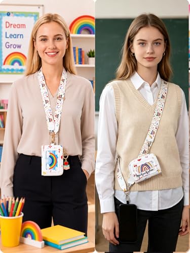 Woanger Teacher Phone Crossbody Lanyard with Wallet Pouch, Adjustable Clip Cell Phone Lanyard Back to School Teacher Gift - style: Pencil Rainbow