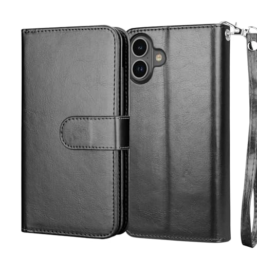 NJJEX Case Compatible for iPhone 16 6.1" 2024, for iPhone 16 Wallet Case, [9 Card Slots] PU Leather Card Holder Folio Flip [Detachable] Kickstand Magnetic Phone Cover & Lanyard for iPhone 16 [Black] | PU leather folio flip, detachable magnetic phone cover