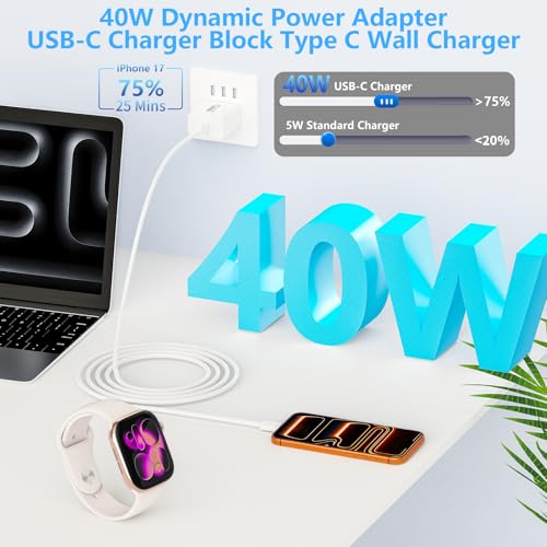 Apple MFi Certified iPhone 17 Charger Fast Charging 40W USB C Charger Block - color: Ivory White