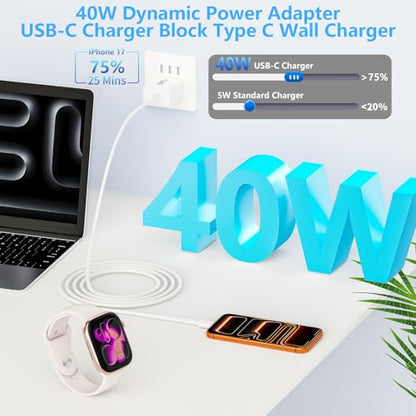 Apple MFi Certified iPhone 17 Charger Fast Charging 40W USB C Charger Block - color: Ivory White